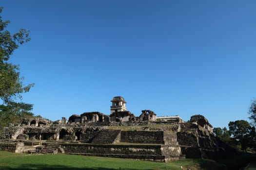 The Palace/El Palacio in the morning sun at the archaeological site of Palenque, Mexico 2022