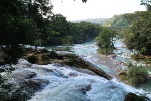 View from the top of the Blue Water Waterfall/Cascadas de Agua Azul on the way to San Cristobal de las Casas, Chiapas, Mexico 2022