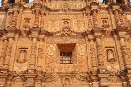 Elaborate facade of the church/Templo de Santo Domingo de Guzman in San Cristobal de las Casas, Chiapas, Mexico 2022