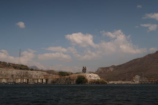 The Chicoasen Dam/Presa and the workers monument at the end of the Sumiedero Canyon/Canon del Sumidero, Chiapas, Mexico 2022
