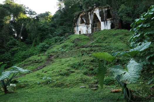 The Temple of the Cross/Templo de la Cruz settled on a hill in the dense jungle, archaeological site of Palenque, Mexico 2022