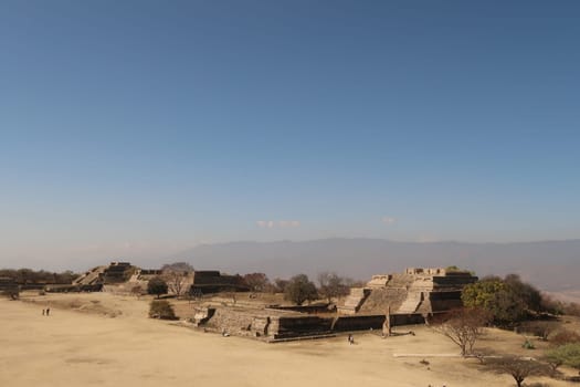 View onto the West Group and the Palace of Dancers from the North Platfrom at the archaelogical site of Monte Alban, Oaxaca, Mexico 2022