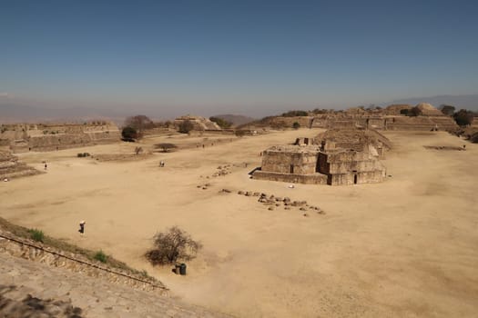 View from the stairs of the South Platform on the Plaza Central/Main Square/Central Plaza on the Archaeological Site of Monte Alban, Oaxaca, Mexico 2022