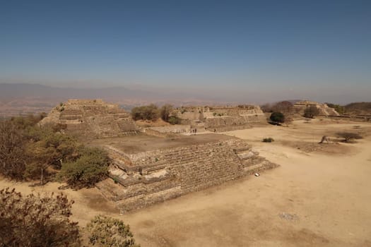 View from the South Platform onto the Gallery/Palace of the Dancers/Danzantes at the archaeological site of Monte Alban, Oaxaca, Mexico 2022