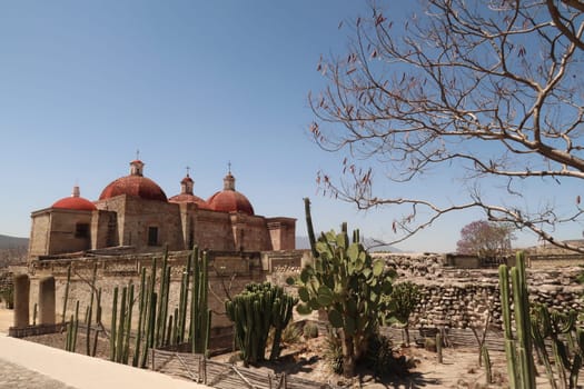 Northern Group/Grupo del Norte at the archaeological site of Mitla, Zapotec ruins and the church San Pablo Villa de Mitla, Oaxaca, Mexico 2022