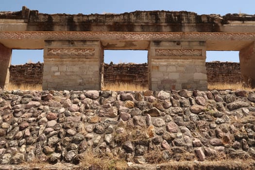 Stairs, windows, doors and ornaments of a building surrounding the Southern Plaza, part of the Group of Columns, Mitla, Oaxaca, Mexico 2022