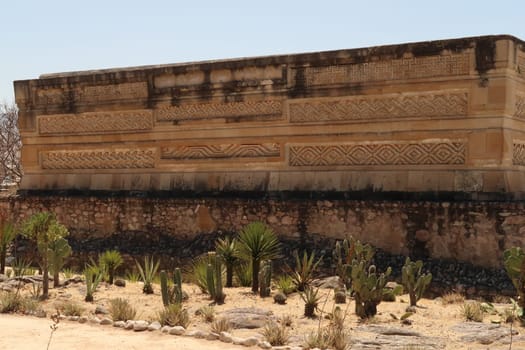 One side of The Palace/Grand Hall of Columns at the archaeological site of Mitla, Oaxaca, Mexico 2022