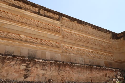 Different patterns and shapes on one of the outer walls of The Palace/Grand Hall of Columns, Mitla, Oaxaca, Mexico 2022