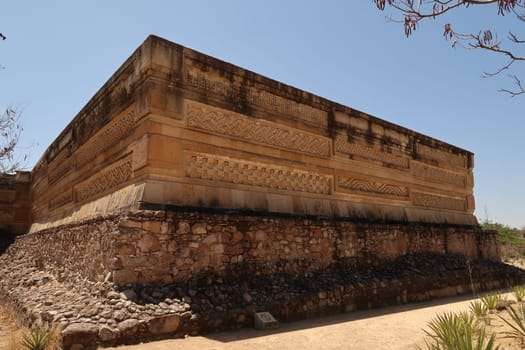 Facade of The Palace/Grand Hall of Columns at the archaeological site of Mitla, Oaxaca, Mexico 2022