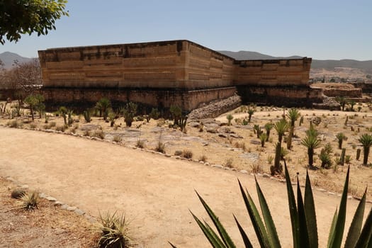 One of the temple structures at the archaeological site of Mitla, the Palace/Grand Hall of Columns, Oaxaca, Mexico 2022