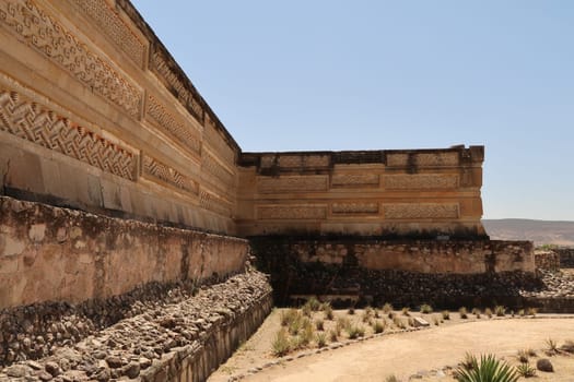 Patterns and shapes covering two sides The Palace/Grand Hall of Columns at the archaeological site of Mitla, Oaxaca, Mexico 2022