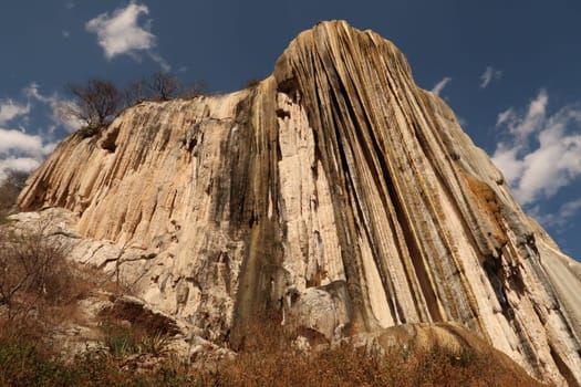 View from below/Mirador bajo onto the large petrified waterfall at Hierve El Agua, Oaxaca, Mexico 2022
