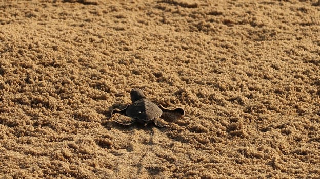 Released baby turtle on the beach of Playa Bacocho walking to the ocean, Puerto Escondido, Mexico 2022