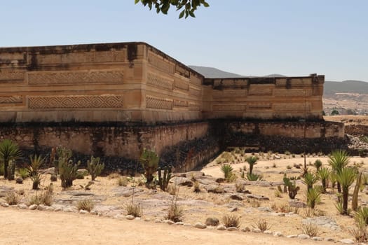 Outer facade of The Palace/Grand Hall of Columns at the archaeological site of Mitla, Oaxaca, Mexico