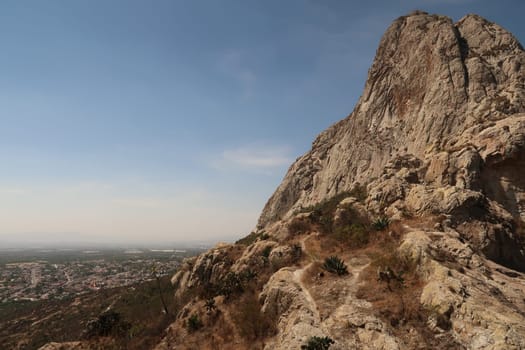 Spectacular view on the Pena de Bernal and the town of San Sebastian Bernal, Queretaro, Mexico 2022