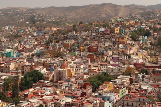 View onto Guanajuato with the Basílica Colegiata de Nuestra Señora de Guanajuato Church Cathedral and the Avenida Benito Juarez, Mexico 2022