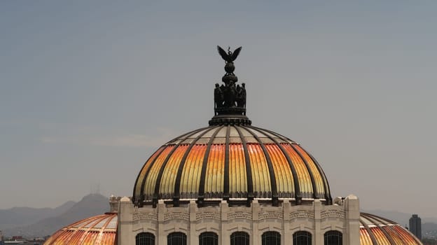 A closer look onto the elaborate roof of the Palacio de Bellas Artes/Palace of Fine Arts, Mexico City 2022