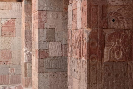 Relief/carving/stucco/mosaic on the pillars/columns in the Quetzalpapálotl Palace/Palacio de Quetzalpapálotl at Teotihuacan, Mexico City 2022