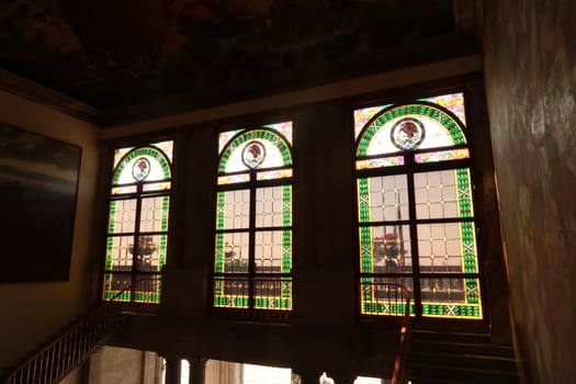 Beautiful stained glass windows over the entrance to the museum at Chapultepec Castle/Castillo de Chapultepec, Mexico City 2022