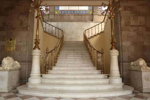 Beautiful stairway at Chapultepec Castle/Castillo de Chapultepec, white marble, gold and lion sculptures, Mexico City 2022