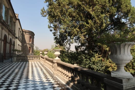Beautiful terrace of Chapultepec Castle/Castillo de Chapultepec with its black and white tile floor, Mexico City 2022