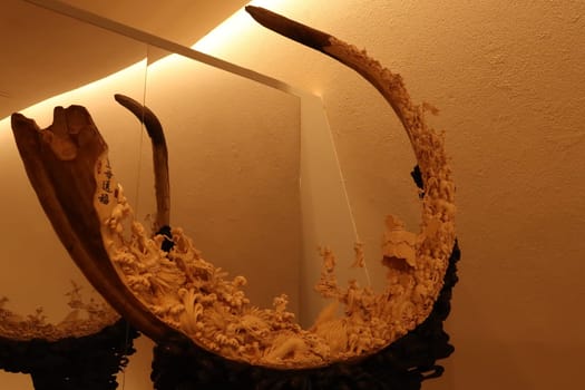 Incredible art piece "The Empress Mother"" carved out of the ivory of a Mammoth Tusk, displayed at the Soumaya Museum, Mexico City, 21. April 2022"