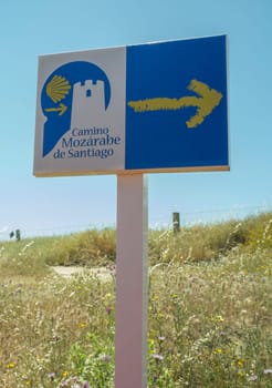 Campanario, Spain - May 17th 2018: Mozarabic Way to Santiago sign pole, Campanario, Extremadura, Spain