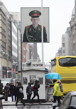 Berlin, Germany April 1, 2018: Checkpoint Charlie was one of the Berlin border crossings through the Berlin Wall between 1961 and 1990.