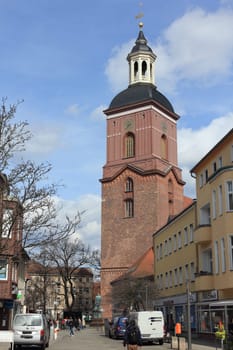 Carl-Schurz Street, Berlin, Germany April 3, 2018: the central shopping street in the old town of Spandau is a quiet pedestrian area with department stores, specialty shops and restaurants.