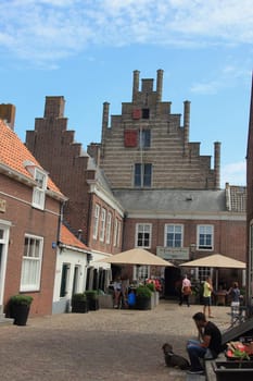 Veere, Netherlands July 13, 2018: Shops and restaurants in the town center