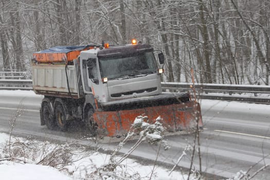 Birkenfeld, Germany February 6, 2018: A Winter service vehicle in use in heavy snow-fall