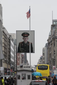 Berlin, Germany April 1, 2018: Checkpoint Charlie was one of the Berlin border crossings through the Berlin Wall between 1961 and 1990.