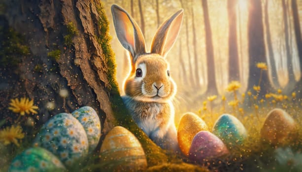 Cute rabbit character hiding behind a tree stem in the woods with Easter eggs among blooming flowers