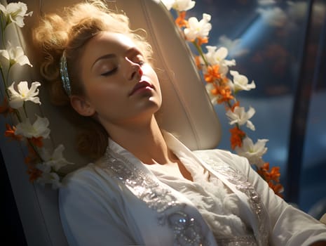 A beautiful young woman wearing a white robe lies on the coach with her eyes closed. It can mean many things ex She is resting, Waiting to receive beauty services or waiting to receive health service.