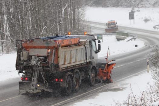 Birkenfeld, Germany February 6, 2018: A Winter service vehicle in use in heavy snow-fall
