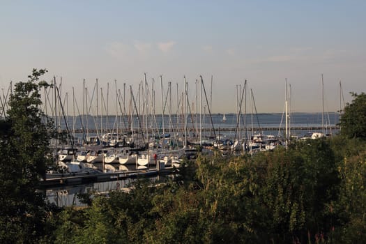 A marina for sailboats, with blue sky in the background