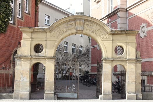 Carl-Schurz Street, Berlin, Germany April 3, 2018: the central shopping street in the old town of Spandau is a quiet pedestrian area with department stores, specialty shops and restaurants.