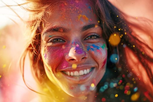 Happy woman with colors in her face on holi festival