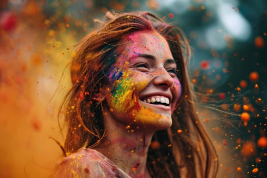 Happy woman with colors in her face on holi festival