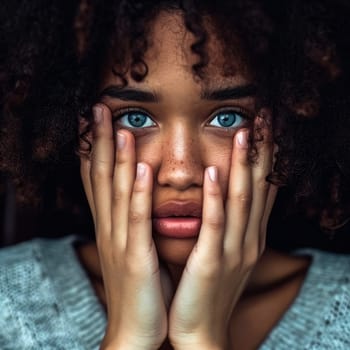Closeup portrait of a adorable afro amercian girl with blue eyes