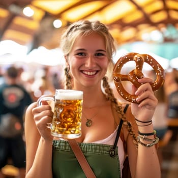 Happy, young woman wearing a dirndl on a traditonal folk festival and holding a beer  mug and pretzel in her hand