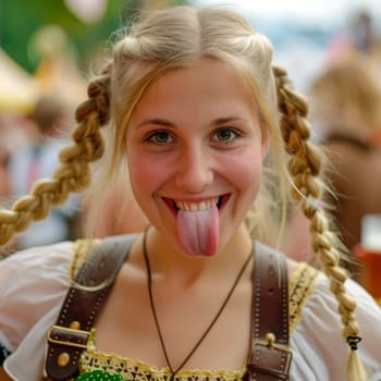 Happy, young woman wearing a dirndl on a traditonal folk festival and sticking tongue out