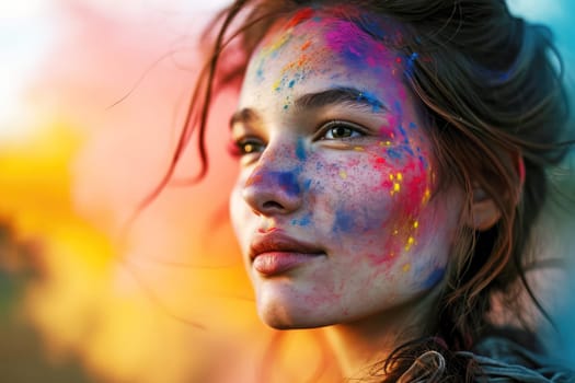 Portrait woman with colors in her face on holi festival