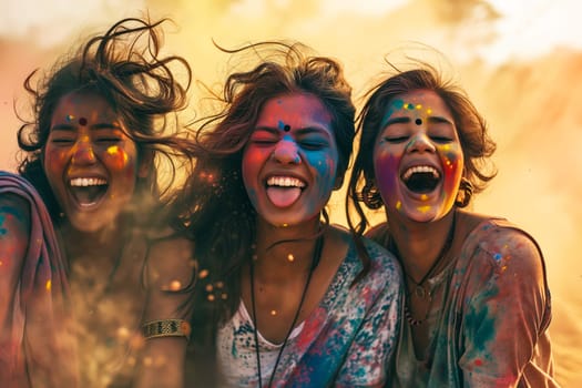 Three cheerful woman with colors in her face on a holi festival