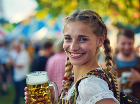 Happy, young woman wearing a dirndl on a traditonal folk festival and holding a beer mug
