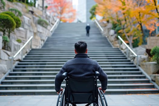 Man in a wheelchair in front of a long stairway