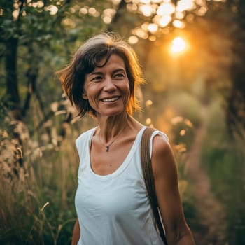 Portrait of a happy middle-aged woman outside on a warm summer evening