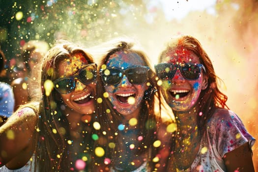 Three happy and cheerful woman with colors in her face on a holi festival