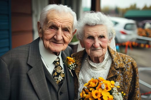 Portrait of an old happy couple celebrate their diamond wedding