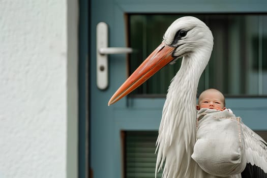 Stork stands in front of a front door and holds a bundle with a baby in his beak